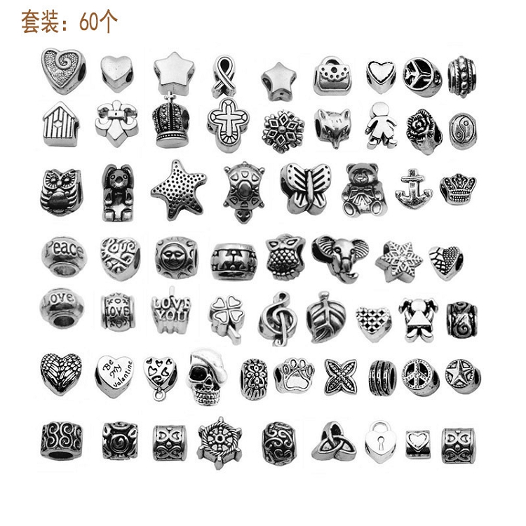 Aliexpress foreign trade mixed 60 kinds of Tibetan silver alloy carved big hole beads DIY accessories accessories bracelet necklace wholesale